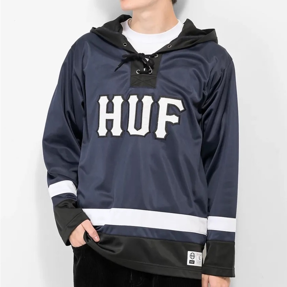 HUF Worldwide size Small Hockey Jersey Style Hoodie Navy/White. - Picture 2 of 11